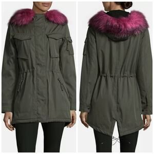 S13 New York Field Hooded Parka Coat Green Pink Faux Fur Trim